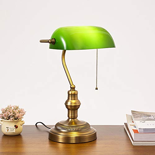 QJUZO Vintage Grün Bankerlampe, Nostalgische Retro Schreibtischlampe mit Zugschalter, Antiquität Design Bibliotheksleuchte, Metall, Einstellbarer, Glas, E27 von QJUZO
