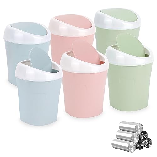 6 Stücke Mini Mülleimer, QLFJ-FurDec Tischmülleimer mit Schwingdeckel mit 12 Rollen Müllsäcke, Kompaktes Design Mini Kosmetikeimer 10*12*17cm, Tischabfalleimer für den Waschtisch (Blau, Rosa, Grün) von QLFJ-FurDec