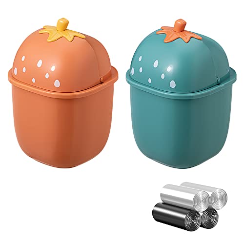 QLFJ-FurDec Tischabfalleimer Klein, Niedlich Mini Tischmülleimer mit Deckel mit 4 Rollen Müllsäcke, Cartoon Desktop Mülleimer 16.3 * 16.3 * 25cm, Tischabfalleimer für Den Waschtisch (Orange, Grün) von QLFJ-FurDec