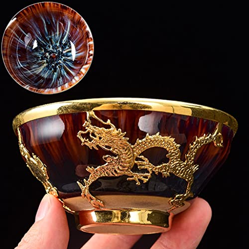 Teetassen Tenmoku Teetasse Handeingelegter Goldener Drachen Und Phönixpokal, Kiln Transformation Bunter Meisterbecher, Kung Fu Teeschale Sake Teaware, Geschenkbox Verpackung von QMBHOZ