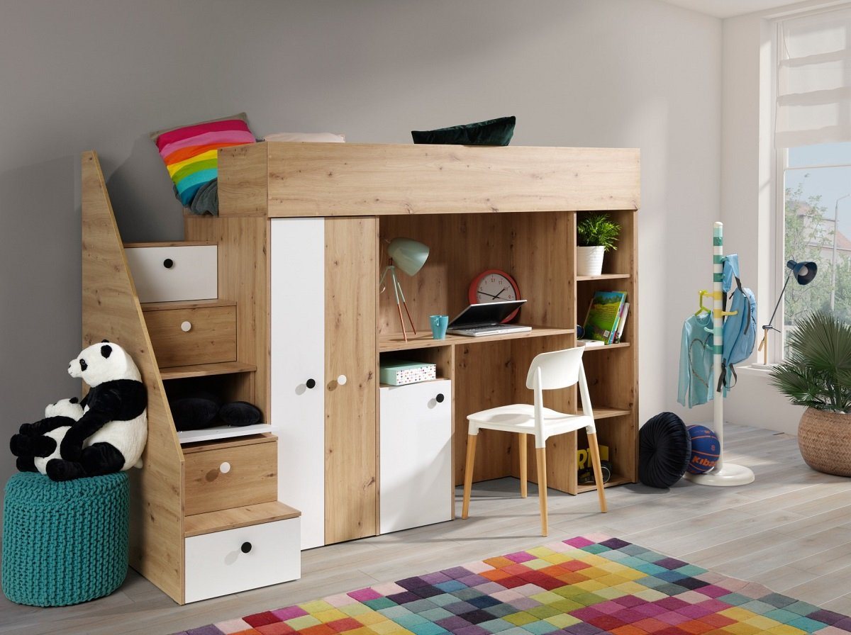 QMM TraumMöbel Hochbett SAM 14 mit Schreibtisch Schrank Regal und Treppe eiche (Treppe, Schrank, Schreibtisch, Regal) von QMM TraumMöbel