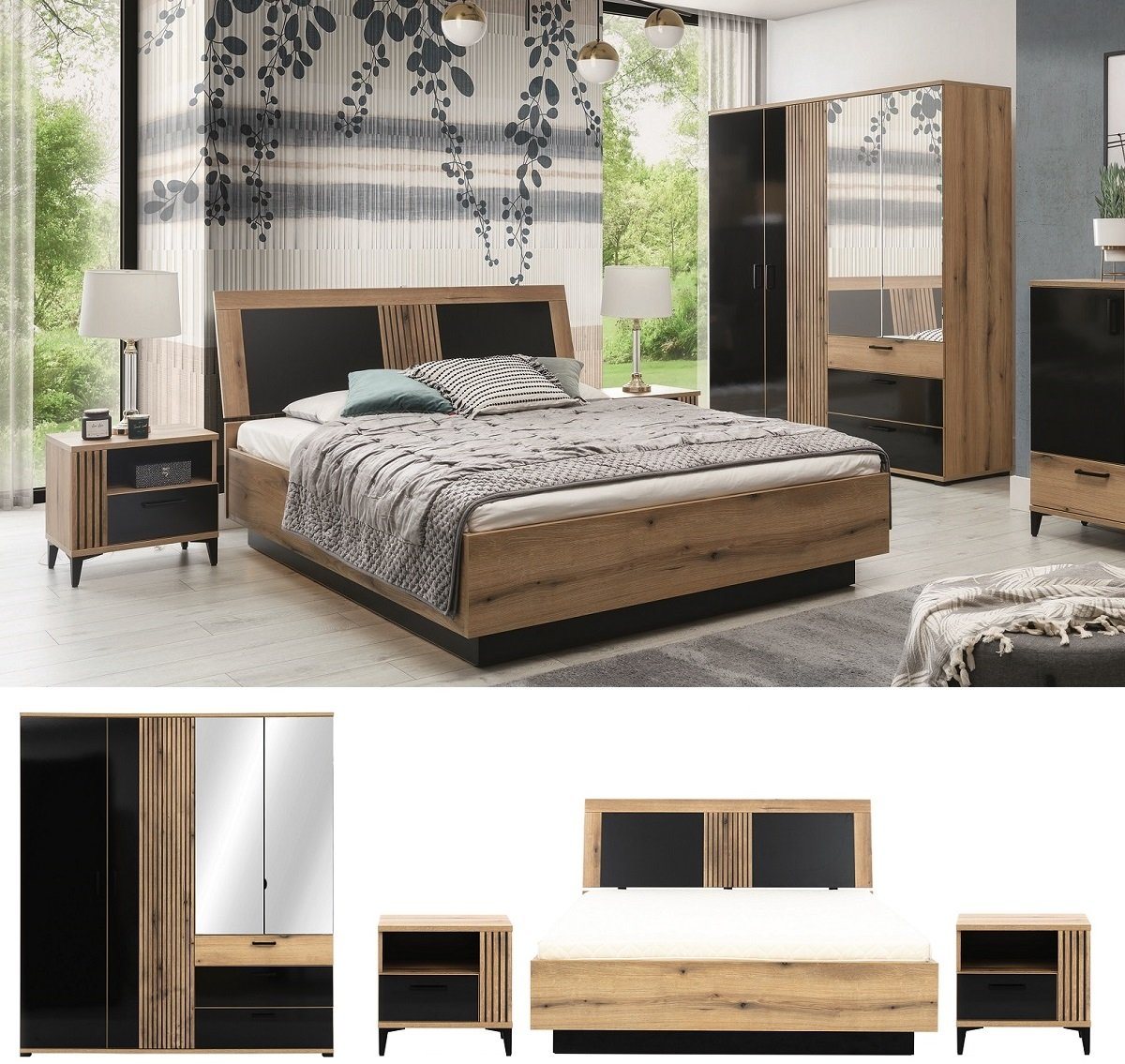QMM TraumMöbel Schlafzimmer-Set Schlafzimmer komplett Aria Set A Bett Schrank Nachttische LED von QMM TraumMöbel