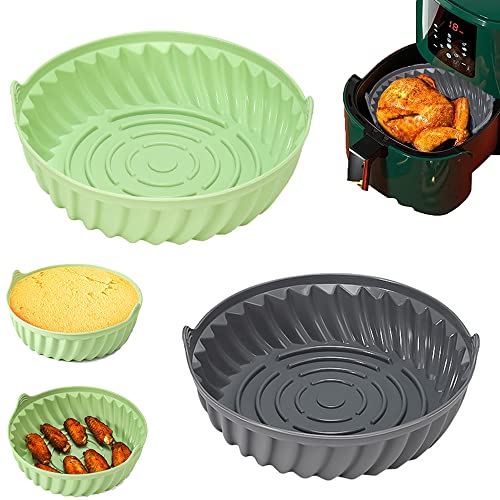 Heißluftfritteuse aus Silikon, 2 Stücke Air Fryer Accessories, Air Fryer Ofen Zubehör, Wiederverwendbar Universal Air Fryer Silicone Pot, für Backofen, Mikrowelle, Dampfgarer(Grau+Grün) von QNMD