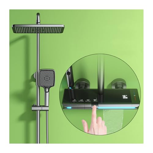 Duschsystem mit Thermostat, Digitalanzeige Duschset Komplettset 4 Funktions Dusche Regendusche Set Duschgarnitur mit Regendusche, Duschkopf, Badewannenarmatur, Bidet Handbrause (Grau) von QREZAA