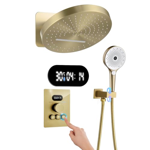Duschsystem mit Thermostat Unterputz Regendusche Wasserfall Duschsystem Gebürstetes Gold Duscharmatur Duschset 32cm Runden Kopfbrause Duschsystem inkl. 3 Funktionen Handbrause, Messingkörper von QREZAA