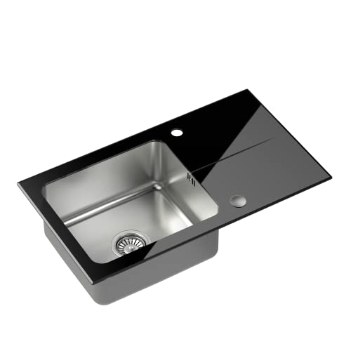 QUADRON Spülbecken Glasspüle Küche | Größe 77 x 44 x 19 cm, Farbe: Schwarz | HUGH 111 Gehärtetes Glas Einbeckenspüle | Einzelbecken Küchenspüle Edelstahl Stahlspüle von QUADRON imagine your kitchen