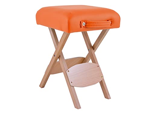 QUIRUMED Klapphocker aus Holz mit Sitz, orange gepolstert, vielseitig einsetzbar, Beistelltisch, Fußstütze, Kunstleder, transportabel, bis 100 kg, 33 x 33 x 48 von Quirumed