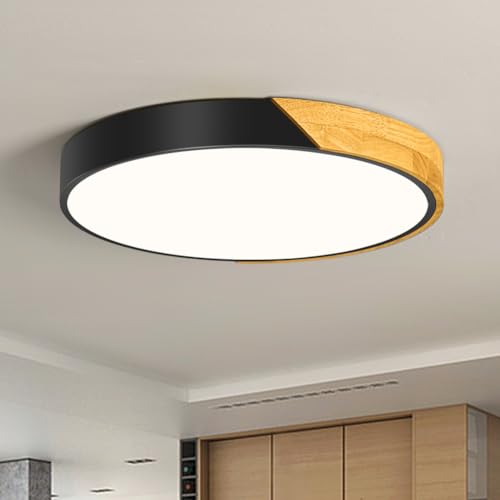 Qamra LED Deckenleuchte, Deckenleuchte Schwarz 40cm, Deckenlampe Holz 36W, Lampe Rund für Wohnzimmer Schlafzimmer Küche Flur Esszimmer 4000K von Qamra