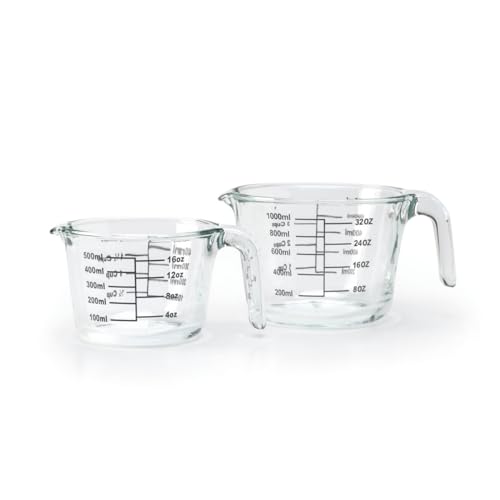 Qdesign - Set aus 2 Küchenmessbechern 500ml & 1000ml - Temperaturbeständiger Glasmessbecher -40°C / 460°C - Dosierer ml, oz, Tassen - Henkel - Transparent von Qdesign