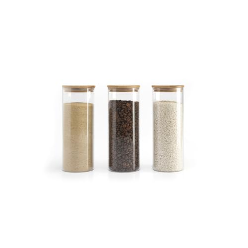 Qdesign - 3er-Set Hohe Glasbehälter mit Bambusdeckel & Silikondichtung - Ideal zur Aufbewahrung & Lagerung von Lebensmitteln - 40°C / +460°C - Transparent von Qdesign