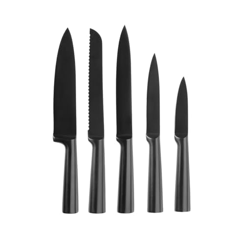 Qdesign - 5er-Set Küchen-Messer aus Edelstahl - Koch-, Brot-, Tranchier-, Office-, Gemüsemesser - Ultra-Scharfe Klingen - Ergonomisches Design - Mattschwarz von Qdesign