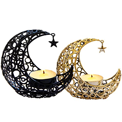 Qixuer Kerzenständer, Kerzenständer Gold 2er Set, Halbmondförmiger Kerzenhalter Kerzenhalter mit Sternen Kerzenständer Vintage Schwarz Orientalischer Farbton-Kerzenhalter Teelichtständer Romantisch von Qixuer