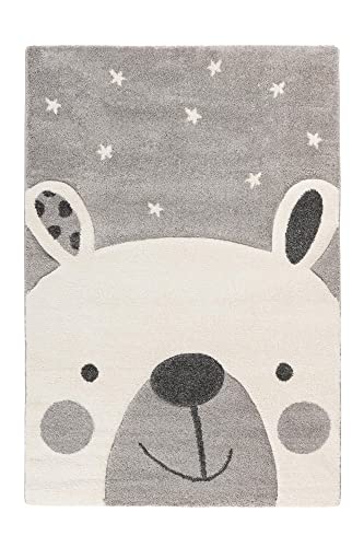 Qiyano Teppich für Kinderzimmer Spielmatte mit Tiermotiv Panda-Bär Bär Hase Pinguin Kinderteppich für Junge und Mädchen, Motiv: Bär, Farbe: Grau, Größe: 120 x 170 cm von Qiyano