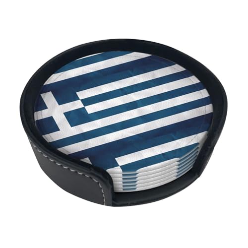 Runde Leder-Untersetzer mit griechischer Flagge, mit Aufbewahrungsbox (6 Stück) für Restaurant, Küche, Büro, Bar von QmeNa