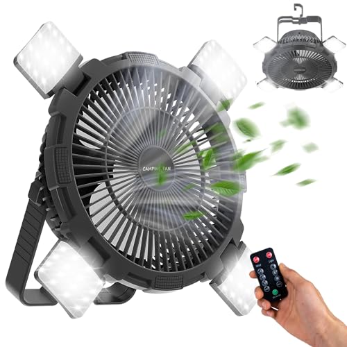 Qoosea Camping Ventilator 3 IN 1 8000mAh Campingventilator Leise mit LED Licht für Zelt USB Tischventilator mit Haken Fernbedienung Tragbarer Ventilator für Outdoor Angeln Auto Haus Büro Schwarz von Qoosea