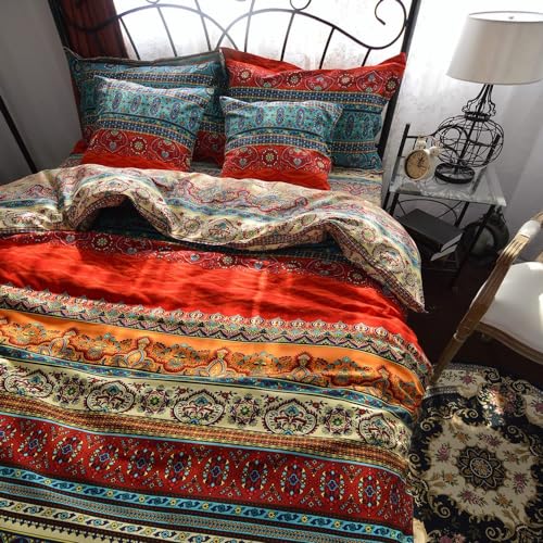 Qucover Bohemian Bettbezug für Einzelbett, 2-teilig, 100 % Baumwolle, Boho, exotisch, gemischt, blau und rot gestreift, marokkanisches Bettwäsche-Set mit Kissenbezug, reine Baumwolle, Bettbezug 135 x von Qucover