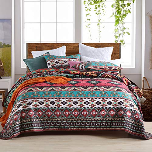 Qucover Tagesdecke 220x240 Boho Stil, Decke aus Mikrofaser für Bett, Indische Doppelbett Bettüberwurf, Bunte Gesteppte Decke Set mit Kissen von Qucover