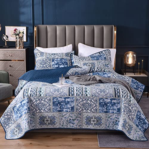 Qucover Tagesdecke Blau 180x220cm, Vintage Bettüberwurf Sofaüberwurf, Gesteppte Patchworkdecke aus Baumwolle & Polyester, Sommerdecke mit Kissen von Qucover