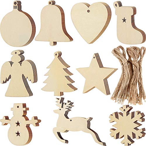 Quesuc 100 Stück Weihnachtsschmuck aus Holz, runde Holzscheiben, Holz, Schneeflocke, Engel, Sternform, Weihnachtsbaum, hängende Verzierungen mit 100 Stück Kordeln von Quesuc