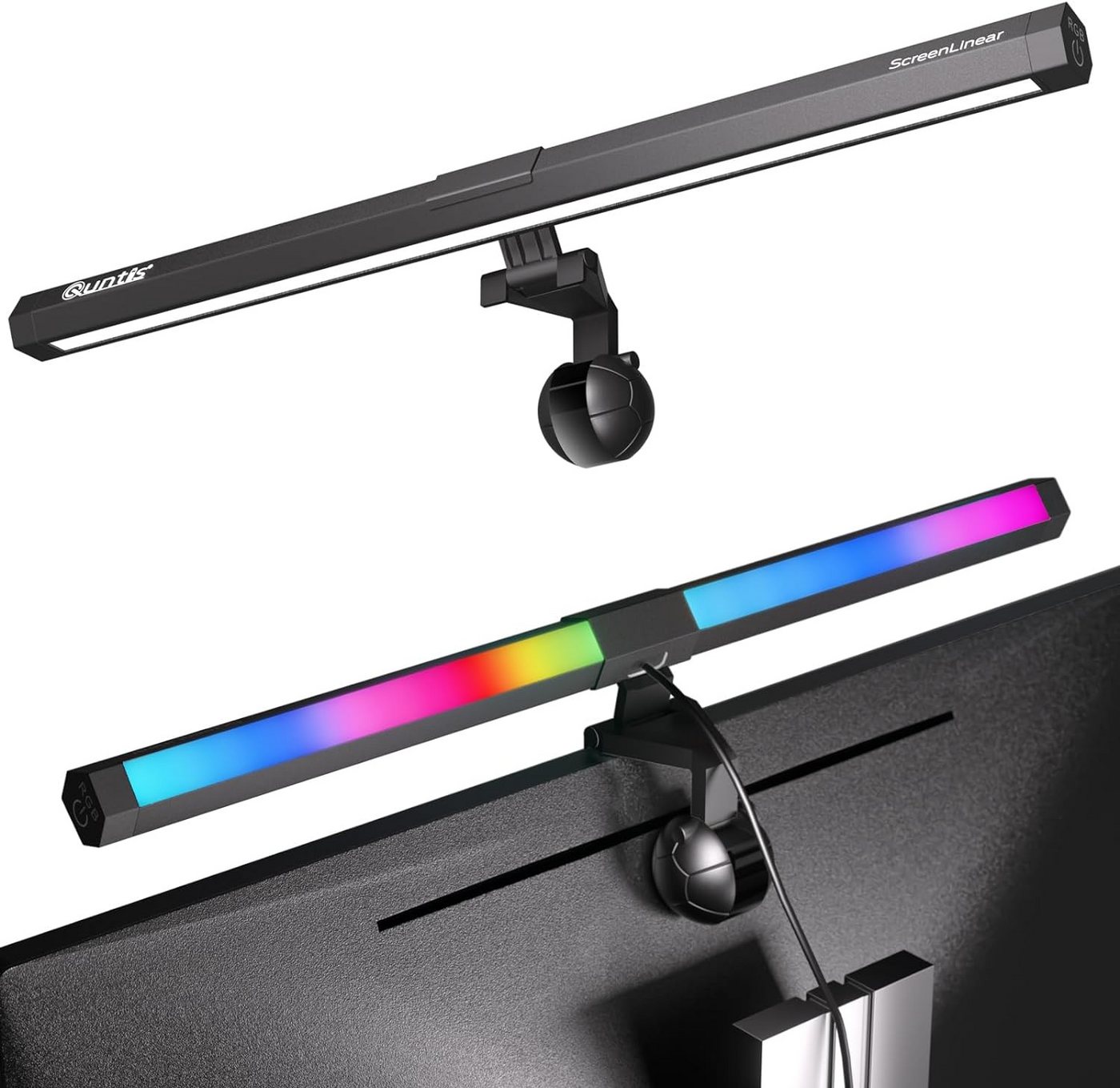 Quntis Klemmleuchten Pro mit RGB, 51cm 2in1 Bildschirmlampe für Computer Monitor, Gaming RGB, LED wechselbar, Tageslichtweiß, Variables RGB-Umgebungslicht, mit einstellbare Farbtemperatur Helligkeit, Tageslichtlampe für PC von Quntis