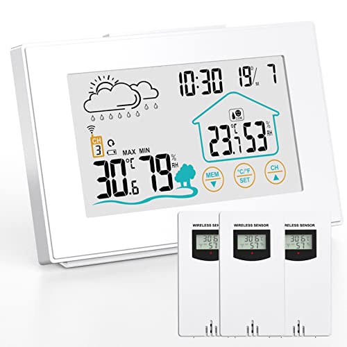 Quntis Wetterstation Funk mit 3 Stück Außensensor, Thermometer Hygrometer Digital Innen und Auße Multifunktionale Funkwetterstation mit Uhrzeitanzeige, Wettervorhersage Wecker - weiss von Quntis