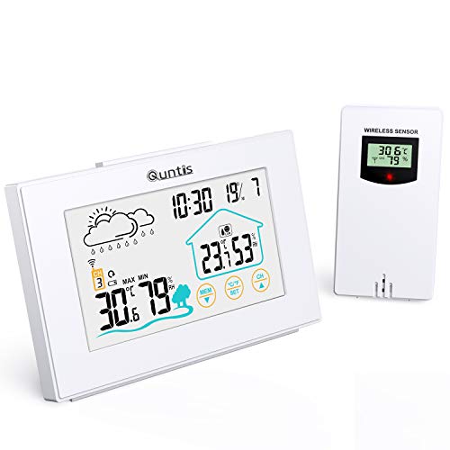 Quntis Wetterstation Funk mit Außensensor, Thermometer Hygrometer Digital Innen und Auße Multifunktionale Funkwetterstation mit Uhrzeitanzeige, Wettervorhersage Wecker und Nachtlicht(Weiss) von Quntis