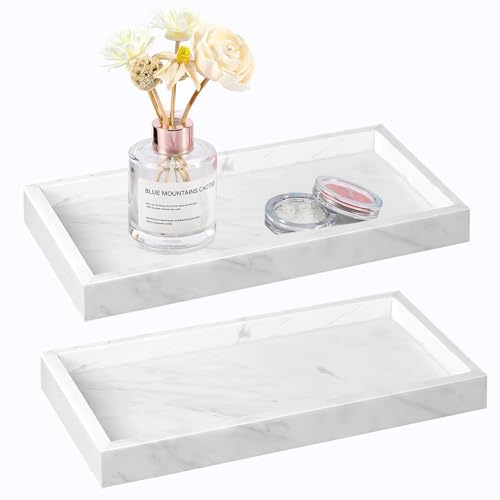 RAFIYU 2 Stück Badezimmer Tablett Marmor Pattern, Silikon Schmuck Tablett Deko Platte Tablett Organizer für Tücher Kerzen Handtuch Seife Pflanze zur Organisation auf Arbeitsplatten, Marmor Weiß von RAFIYU