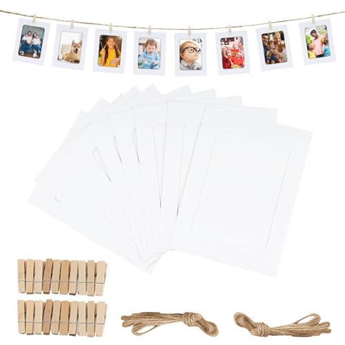 RAFIYU 20 Stück Papier Fotorahmen DIY Kreative Kraftpapier Bildermatten Hängen Album Rahmen mit 20 Holzklammern und Schnur (weiße) von RAFIYU