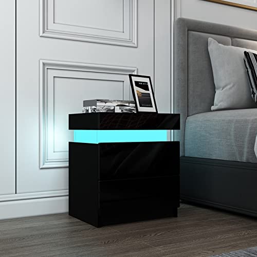 Schwarz Nachttisch Moderner LED Licht Nachtschrank Hochglanzfront Nachttische Beistelltisch mit 2 Schubladen Flip Cover für Schlafzimmer von RAIN PAVILION LIMITED