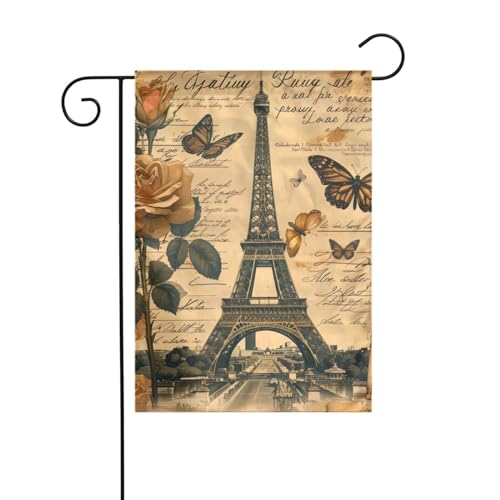 Vintage Paris Eiffelturm Schmetterling Gartenflagge 30,5 x 45,7 cm, kleine dekorative Flagge, waschbar und schnell trocknend, gleiches Muster auf beiden Seiten, lichtecht, geeignet für alle von RAIZHE