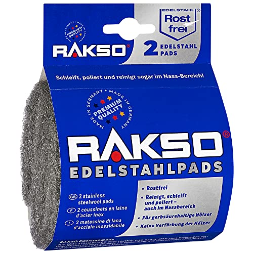 RAKSO Edelstahlpads extra - fein, 2 Pads rostfrei, Edelstahlwolle, Oberflächenbehandlung im Nassbereich, reinigt, schleift, poliert von RAKSO