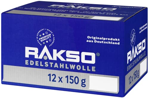 RAKSO Edelstahlwolle extra - fein - 1,8 kg, 12 Banderolen à 150g rostfrei, glättet gerbsäurehaltige Hölzer ohne Blauverfärbung der Maserung von RAKSO
