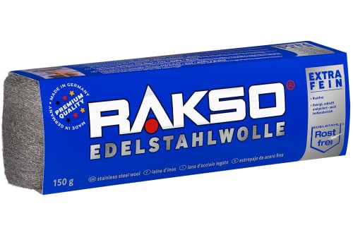 RAKSO Edelstahlwolle extra - fein - 150g, 1 Banderole, rostfrei, glättet gerbsäurehaltige Hölzer ohne Blauverfärbung der Maserung von RAKSO