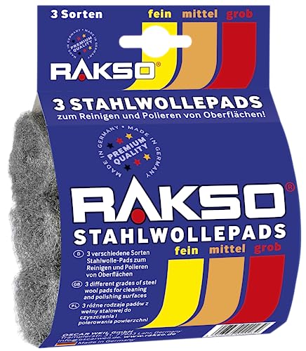 RAKSO Stahlwolle, DIY Polier & Schleifpads fein, mittel, grob - 3 Pads, Schleifschwämme für Holz, Farbe, Metall, Reinigung und Politur von RAKSO