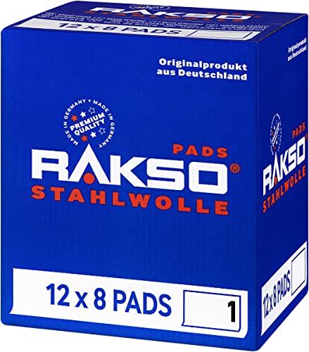 RAKSO Stahlwolle mittel 1 | 96 Pads | 12x8 Stk. - glättet Holz, entfernt alten Lack von Antikmöbeln, säubert Hartgummiböden von RAKSO