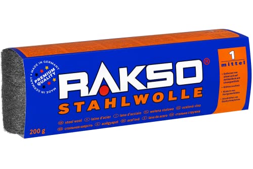 RAKSO Stahlwolle mittel 1-200g, 1 Banderole, glättet Holzoberflächen, entfernt alten Lack v. Antikmöbeln, säubert Hartgummiböden von RAKSO