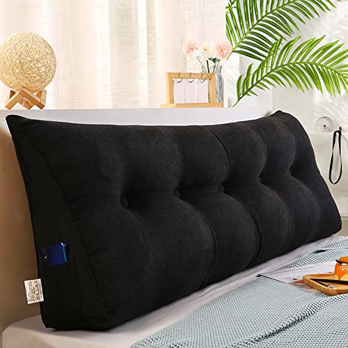 Raktov Dreieckiges Kopfteilkissen mit abnehmbarem Bezug, Polster mit Holzrücken, dreieckiges Lesekissen, einfarbiges Keil-Kopfteilkissen für Bett, Sofa, Schlafzimmer, 80 x 50 x 20 cm, Schwarz von RAKTOV