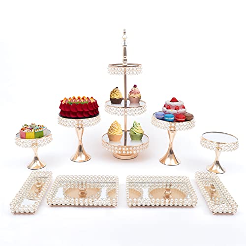 RANZIX Kuchen Steht Set luxuriös Metall Tortenständer Dessert-Tablett Dessert Display Platte für Geburtstag Party Hochzeitstorte Ständer, aus hochwertiges Eisen und Kristall (9PCS, Gold) von RANZIX