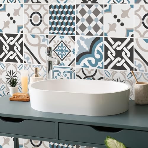 RE-COVERTILES - Fliesenaufkleber Badezimmer und Küche 12 Stck 15x15 cm - PS00054 PVC-Wanddekoration Wasserdicht Fliesen Mosaik Stil Azulejos-Zementfliesen von RE-COVERTILES