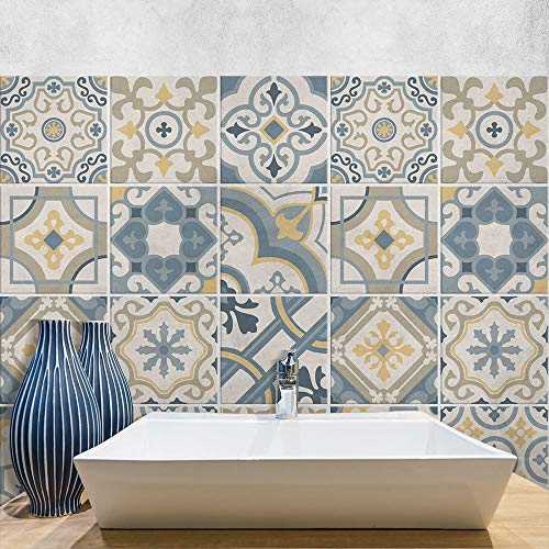 RE-COVERTILES - Fliesenaufkleber Badezimmer und Küche 12 Stck 15x15 cm - PS00199 PVC-Wanddekoration Wasserdicht Fliesen Mosaik Stil Azulejos-Zementfliesen von RE-COVERTILES