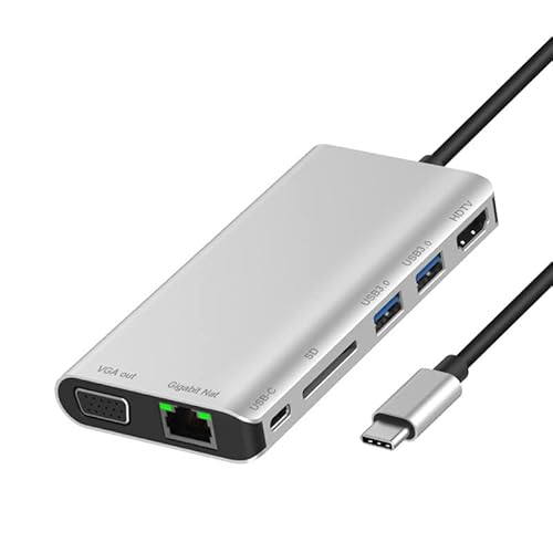 8-in-One Multifunktionaler USB 3.1 Typ-C Multifunktions-Hub auf VGA HDTV Ethernet RJ45 SD-Kartenstecker, kompatibel mit Mac Windows von REACHYEA