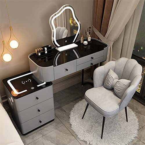 Schminkset mit Ladestation, Schminkspiegel, großer Schminktisch mit 3-farbig verstellbarem Touch-Licht, Bluetooth-Lautsprecher, gepolsterter Hocker für Frauen und Mädchen ( Color : Gray a+chair , Size von REALN