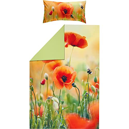 REDBEST Wende-Bettwäsche Renforcé Mohnblume Größe 155x220 cm (40x80 cm) - mit Reißverschluss, strapazierstark, atmungsaktiv, hochwertiger Digitaldruck von REDBEST