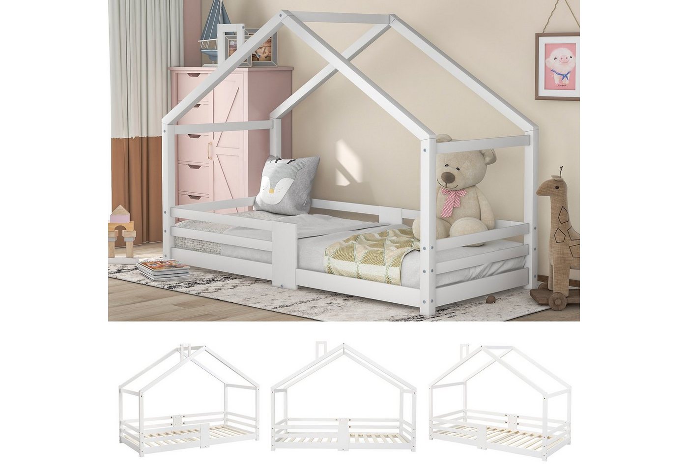 REDOM Kinderbett Kinder Bett Jugendbett Holzbett Hausbett Kinderhaus Massivholzbett (Massivholz Bett ohne Matratze), 90×200cm,aus Kiefer Holz,Weiß oder Grau von REDOM