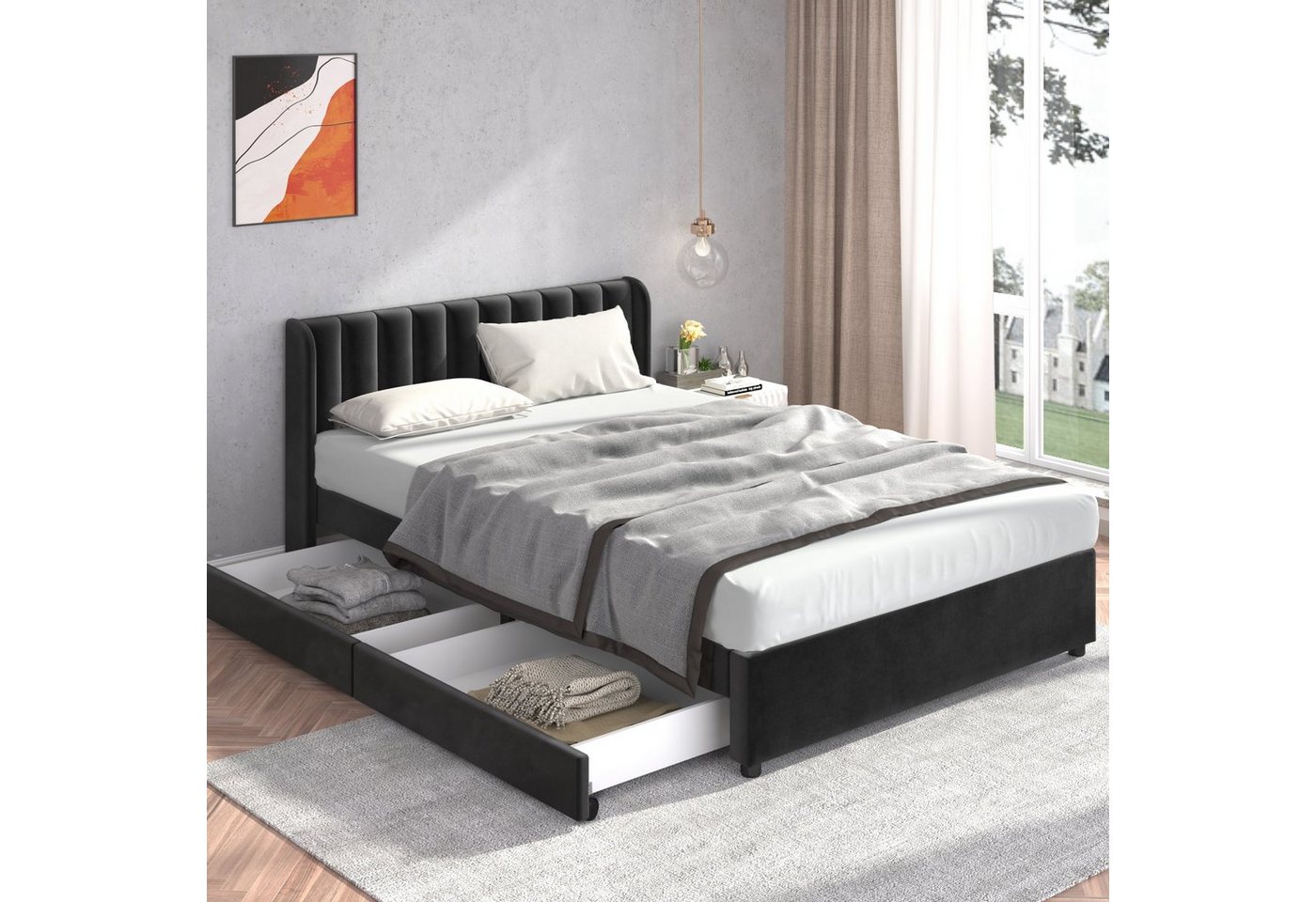 REDOM Polsterbett Doppelbett Stauraumbett Bett mit Lattenrost ohne Matratze (160 x 200 cm), Schlichter und stilvoller Samt-Look von REDOM