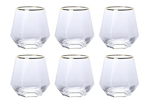 REHON 300ml Diamant Whiskey Gläser Set, Klar Geometrisch Modisch Wassersaft Tumbler Gekippt Scotch Glas Modern Look Glaswaren für Saft, Whiskey, Scotch, Bourbon,Brown-2 (Gold Trim-6) von REHON