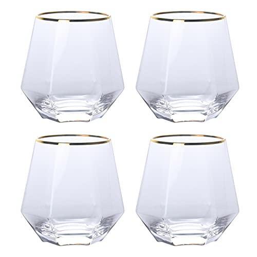 300ml Diamant Whiskey Gläser Set, Klar Geometrisch Modisch Wassersaft Tumbler Gekippt Scotch Glas Modern Look Glaswaren für Glas für Saft, Whiskey, Scotch, Bourbon,Brown-2 (Gold Trim-4) von REHON