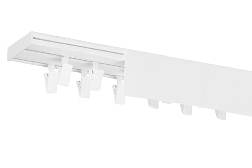 RENA Vorhangschiene 2-läufig Gardinenschiene aus Kunststoff Vorhang-Deckenschiene mit Abdeckung und Klammern Gardinenleiste Gardinenstange Gardinen Vorhänge für Deckenmontage Weiß 210cm von RENA