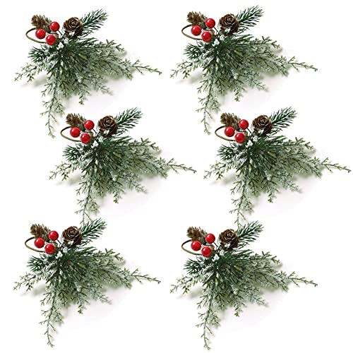 RIKEL Weihnachts-Serviettenringe, 6Er-Set, Serviettenringe mit KüNstlichen Tannenzapfen, Zweigen, Rotem Beerendekor von RIKEL