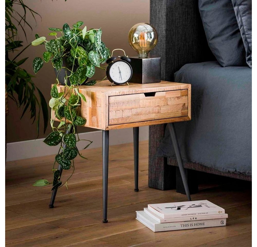 RINGO-Living Beistelltisch Massivholz Nachttisch Rinara mit Schublade in Natur-hell und Schwarz-m, Möbel von RINGO-Living
